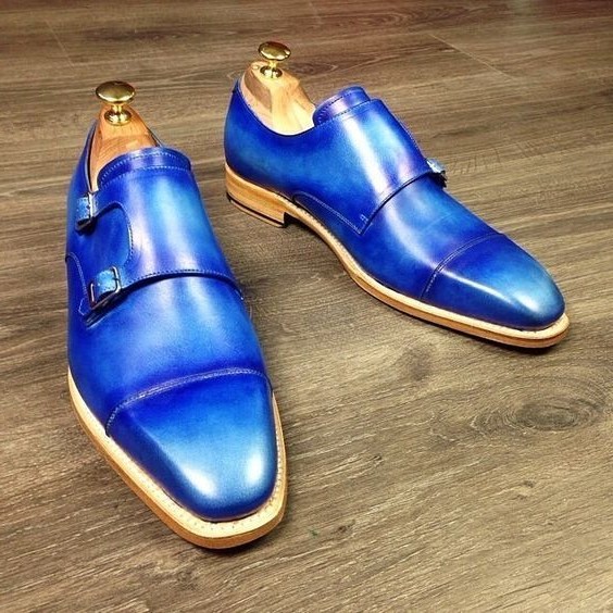 Men's Genuine Blue Leather Double Monk Shoes - The Royale Leather