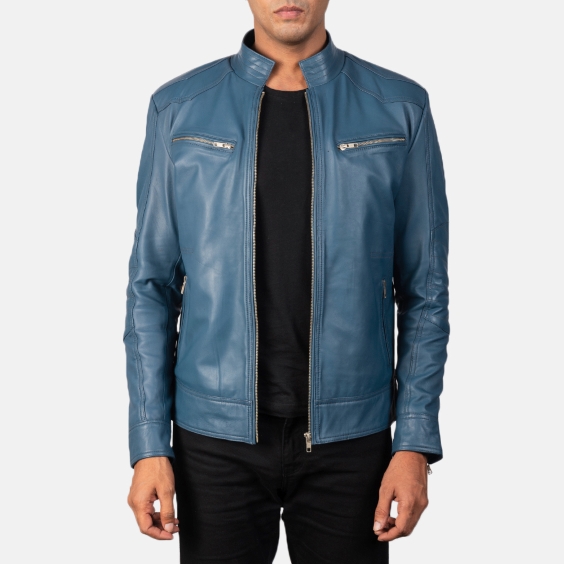 Men's Blue Genuine Leather Biker Jacket - The Royale Leather
