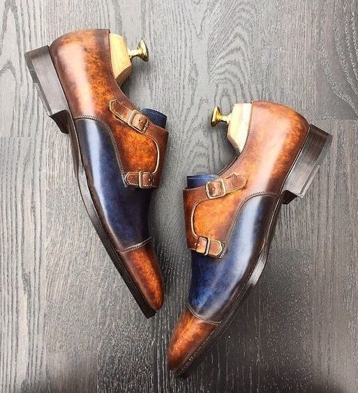 Men's Brown & Blue Patina Leather Double Monk Shoes