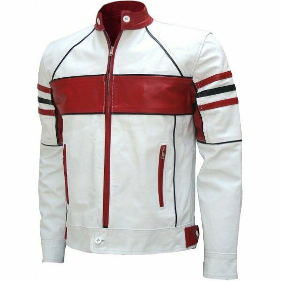 Men's White & Red Leather Casual Biker Jacket