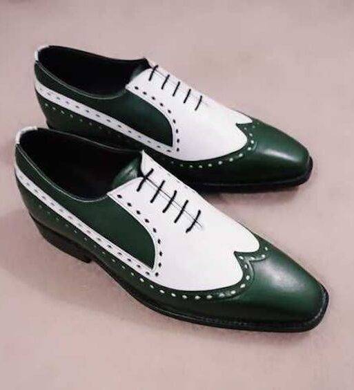 Men's White-Green Leather Wingtip Dress Shoes