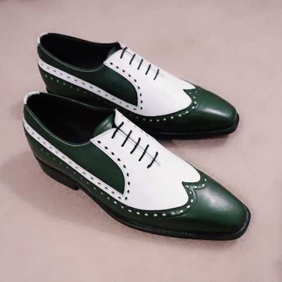 Men's White-Green Leather Wingtip Dress Shoes