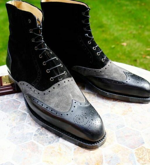 Men's Grey & Black Suede Leather Wingtip Boots