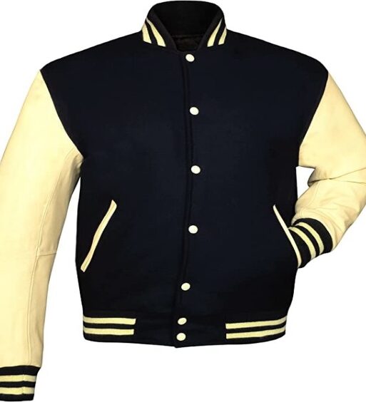 Men's Black & Beige Varsity Baseball Bomber Leather Jacket