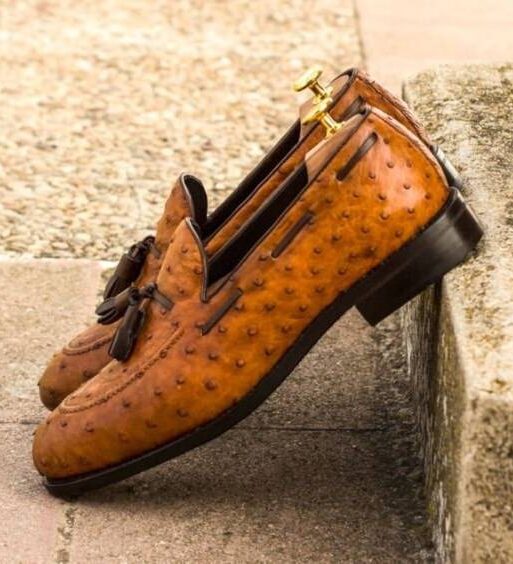 Handmade Men's Tan Brown Ostrich Leather Tassel Loafers