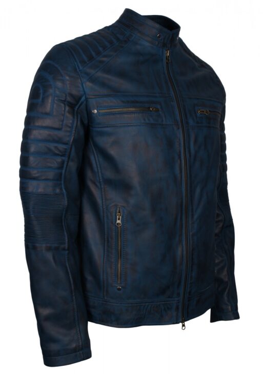 Men's Blue Leather Cafe Racer Biker Jacket