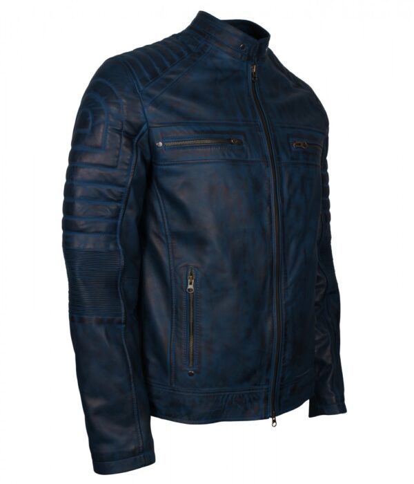 Men's Blue Leather Cafe Racer Biker Jacket - Image 1