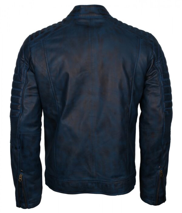 Men's Blue Leather Cafe Racer Biker Jacket - Image 2