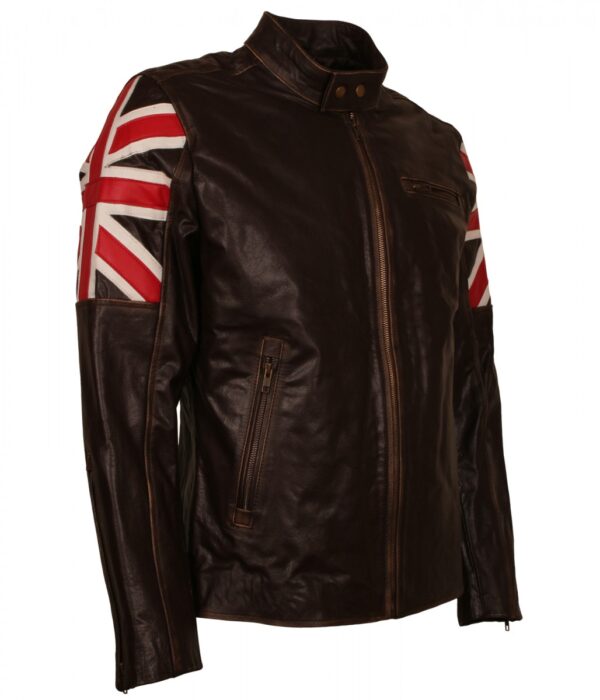 UK Flag Vintage Cafe Racer Biker Leather Jacket - Image 1