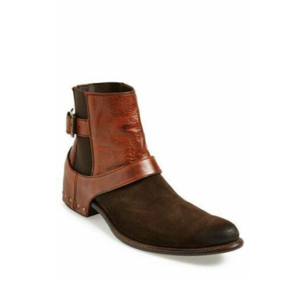 Men's Brown Suede Leather Ankle High Buckle Up Boots