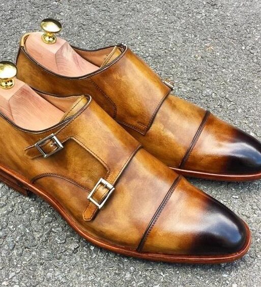 Men's Tan Patina Leather Double Monk Formal Shoes