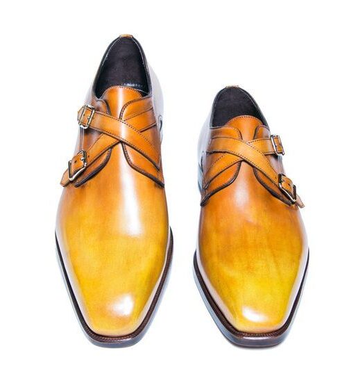 Men's Tan Yellow Patina Leather Cross Monk Shoes