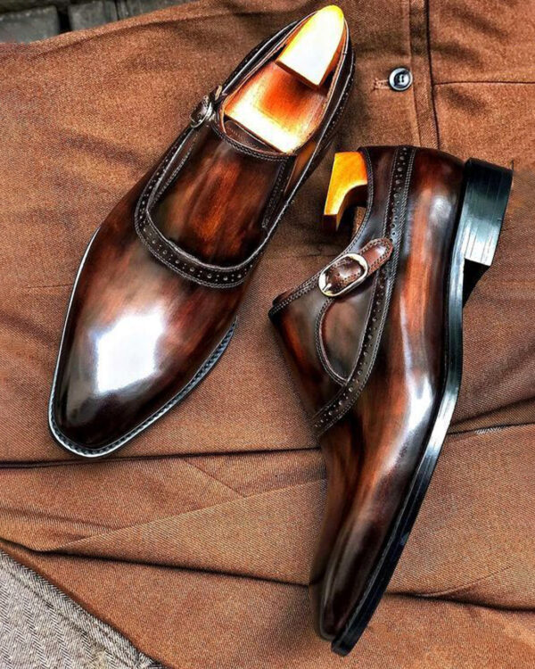 Men's Brown Patina Leather Monk Style Derby Shoes - Image 2