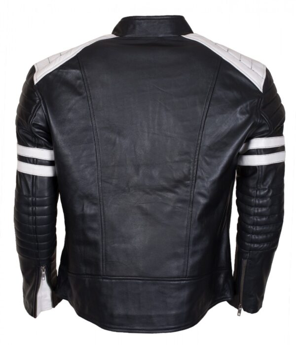 Men's Black & White Leather Biker Jacket - Image 2