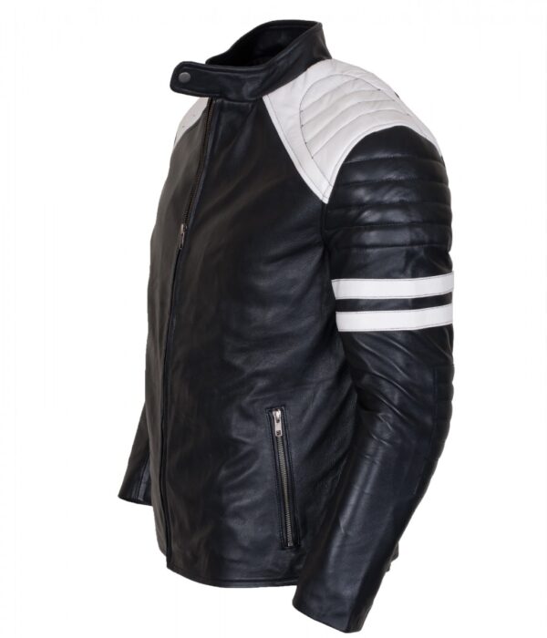 Men's Black & White Leather Biker Jacket - Image 1