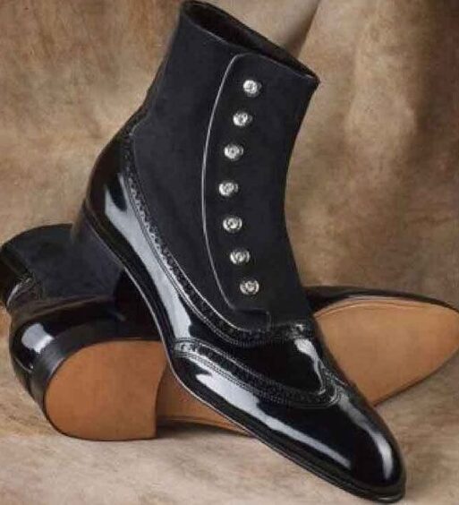 Men's Black Patent Leather Ankle High Button Boots