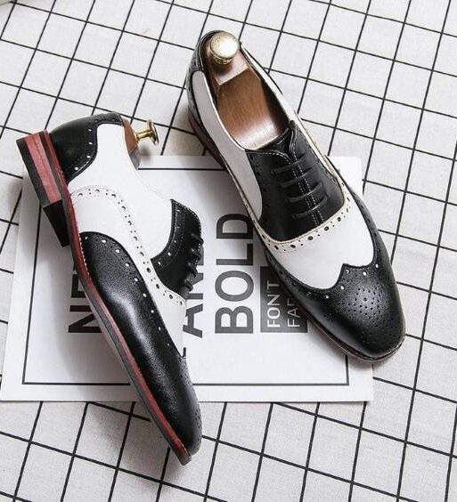 Men's Black & White Leather Wingtip Spectator Shoes
