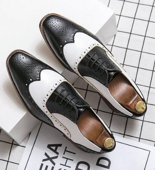Men's Black & White Leather Wingtip Spectator Shoes