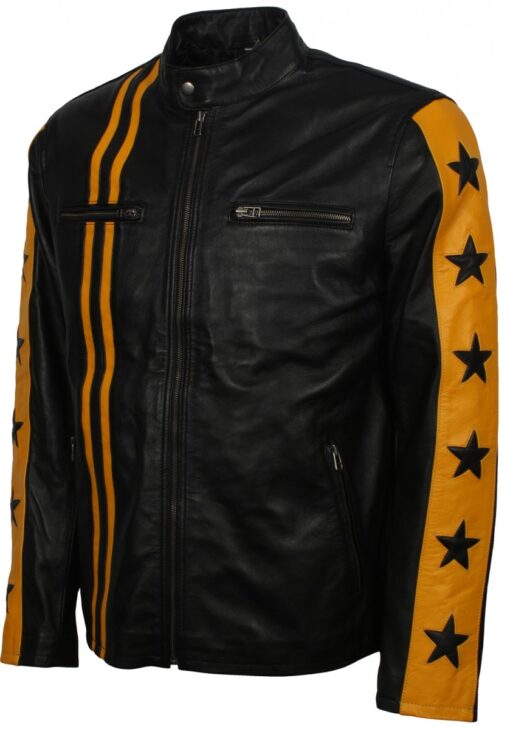 Yellow & Black Stars Striped Leather Jacket