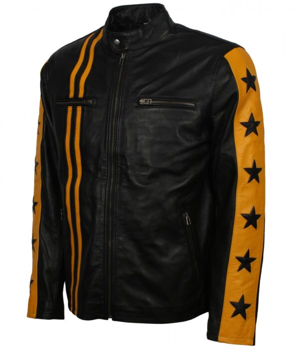 Yellow & Black Stars Striped Leather Jacket - Image 1