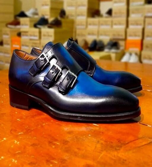 Men's Blue Patina Leather Triple Monk Dress Shoes
