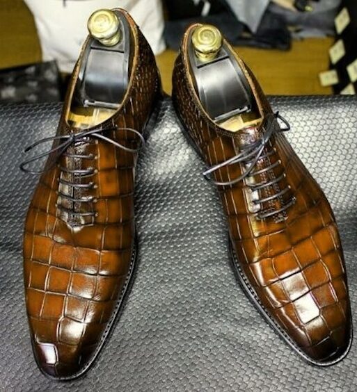 Men's Brown Alligator Leather Formal Lace Up Shoes