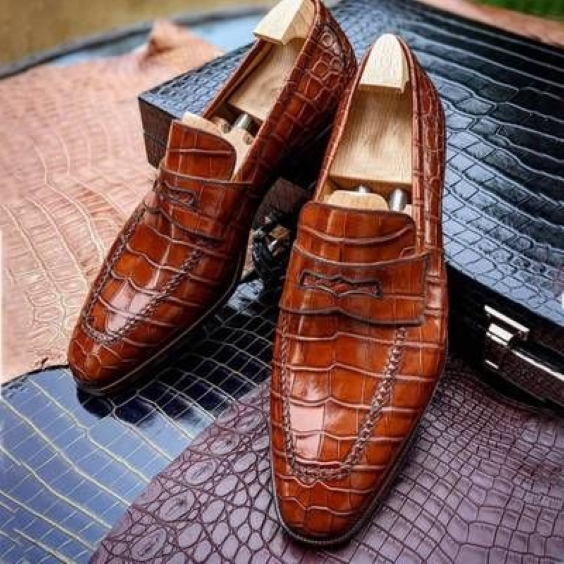 Men's Brown Alligator Leather Penny Loafers