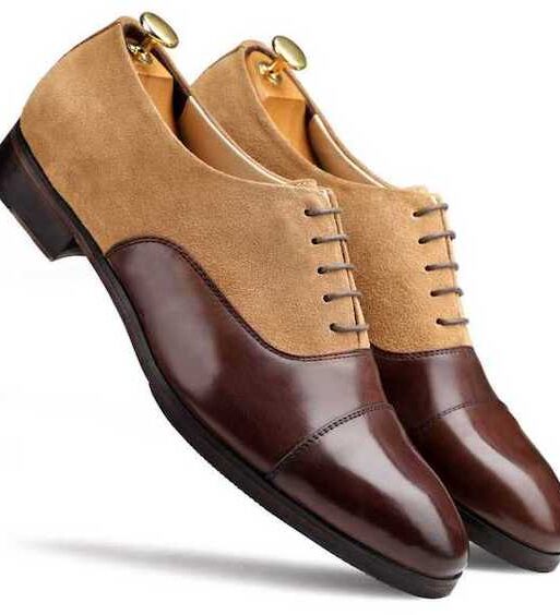 Men's Brown-Beige Suede Leather Cap Toe Dress Shoes
