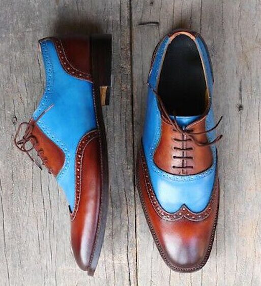 Men's Brown & Blue Leather Wingtip Oxford Shoes