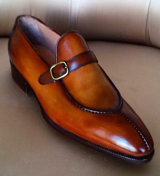 Men's Brown Patina Leather Monk Buckle Loafers