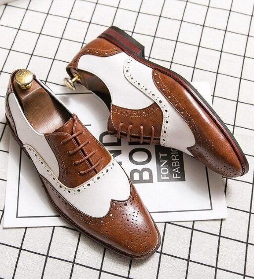 Men's Brown & White Leather Wingtip Spectator Shoes