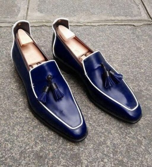 Men's Navy Blue Leather Tasseled Moccasin Loafers
