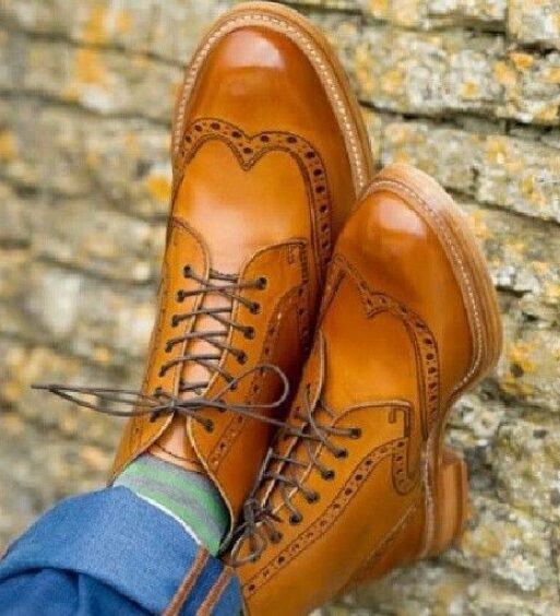 Men's Tan Brown Leather Wingtip Ankle High Boots