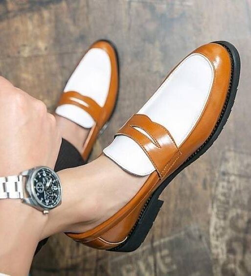 Men's Tan Brown & White Leather Penny Loafers