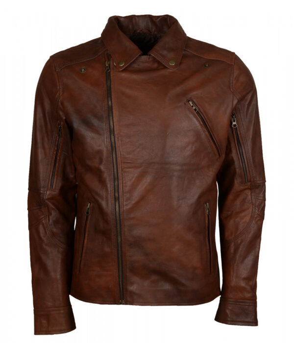 Men's Vintage Brown Leather Biker Jacket - Image 1