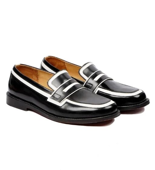 Handmade Men's Black & White Leather Penny Loafers