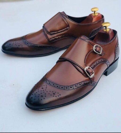 Men's Brown Patina Leather Double Monk Shoes