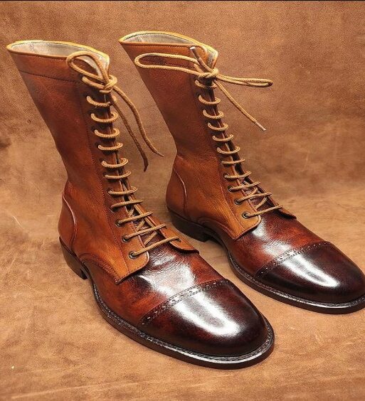 Men's Brown Leather Calf High Military Boots