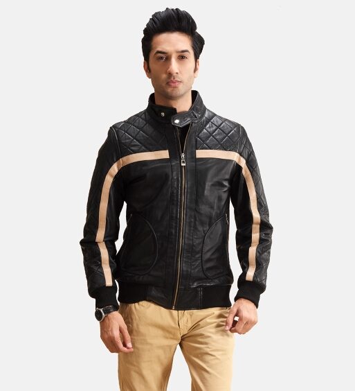 Men's Genuine Black Leather Bomber Jacket