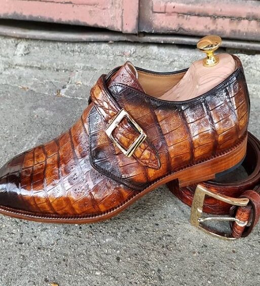 Men's Brown Crocodile Texture Leather Monk Shoes