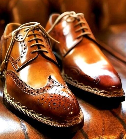 Men's Genuine Tan Leather Wingtip Oxford Shoes