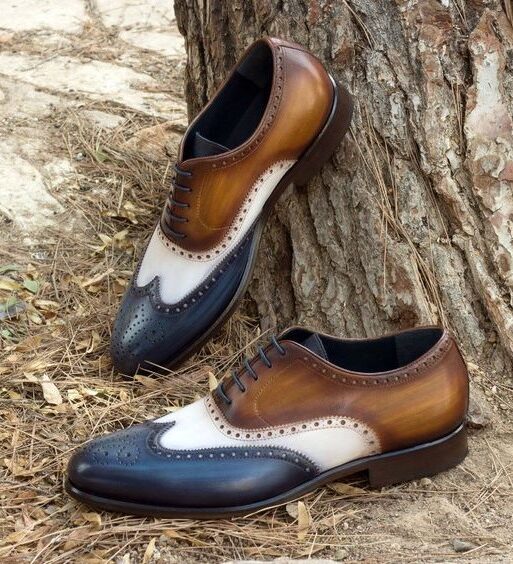 Men's Tri Tone Patina Leather Wingtip Oxford Shoes