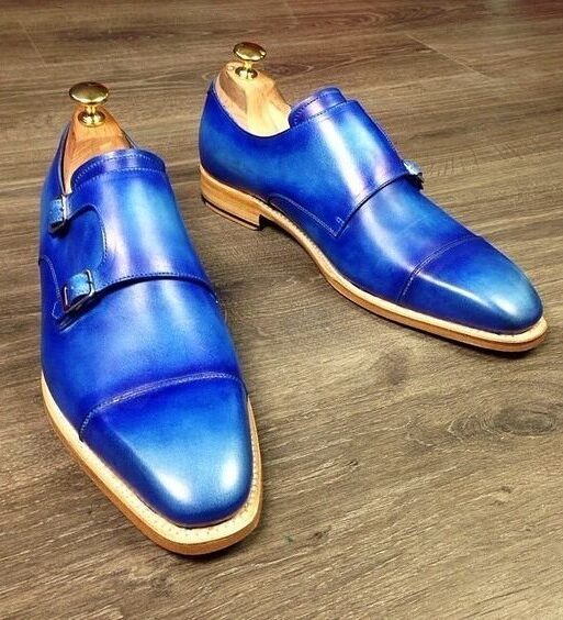 Men's Genuine Blue Leather Double Monk Shoes