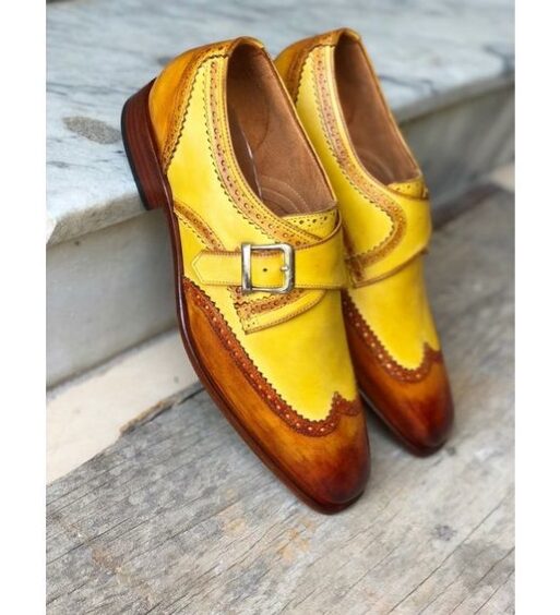 Handmade Men's Brown & Yellow Leather Monk Buckle Shoes