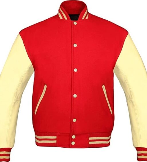 Men's Red & Cream Varsity Baseball Bomber Leather Jacket