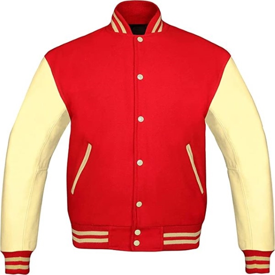 Men's Red & Cream Varsity Baseball Bomber Leather Jacket