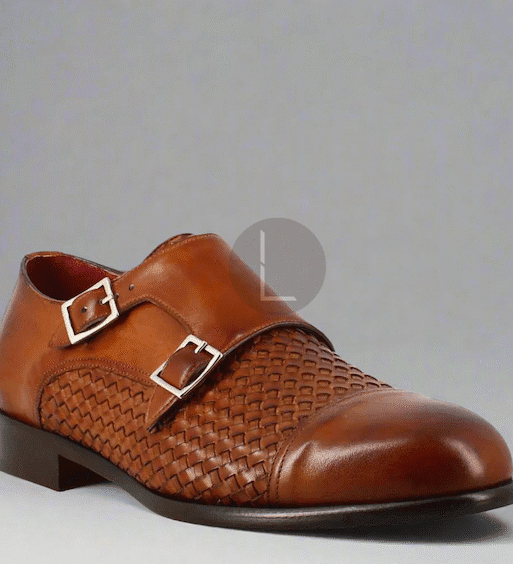 Men's Handmade Luxury Brown Woven Leather Double Monk Buckle Shoes