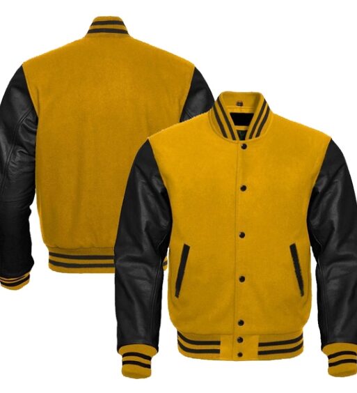 Men's Yellow & Black Varsity Woolen Bomber Leather Jacket