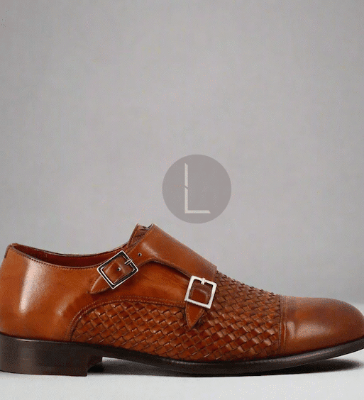 Men's Handmade Luxury Brown Woven Leather Double Monk Buckle Shoes