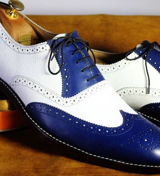Men's Blue & White Leather Wingtip Brogue Oxford Shoes